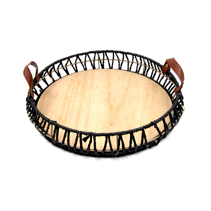 Metal Tray Round With Leather Handle 30x30Cm