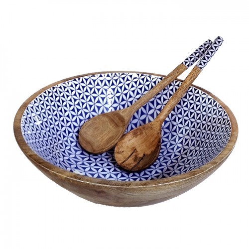Mango Enamel Acai Wood Bowl with Spoon & Fork 13Cm