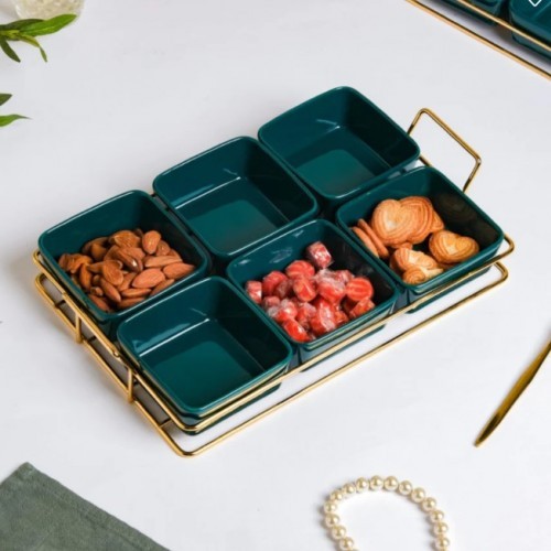 Chip and Dip With Metal Stand Green 6 bowls Crockery Deals