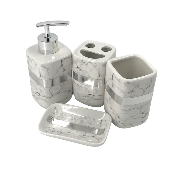Bathroom Accessory Set Marble With Silver