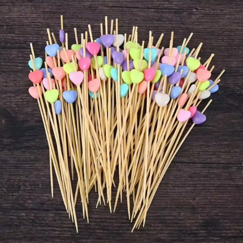 Bamboo Disposable Food Picks with beaded Heart 100pcs