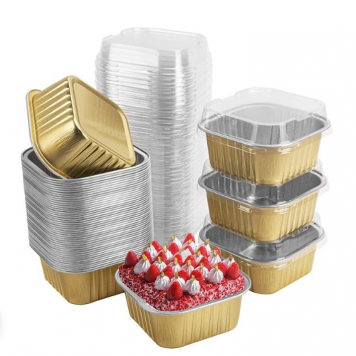 Golden Aluminium Dessert Square Container with Lid 100Ml 1x50Pcs Disposables