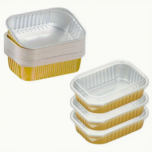 Golden Aluminium Dessert Rectangle Container with Lid 320Ml 1x50Pcs Disposables